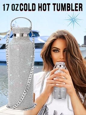 Silver Bling Rhinestone Stainless Steel Crossbody Tumbler 17oz LA Hot Hip Style